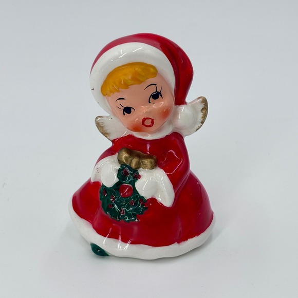Unbranded Other - MCM Christmas Angel Figurine Napco Style Caroler Wreath Gold‎ Wings Japan
